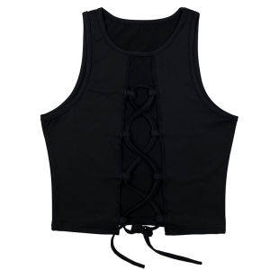 Sleeveless Drawstring Hollowed out Short Top Womens Knitted Hollow out Design Rope Tied Bustier Street Style Polyester