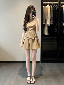 cenzcci | Đầm A-line Không Tay Cinch eo Màu Khaki cho Mùa Hè