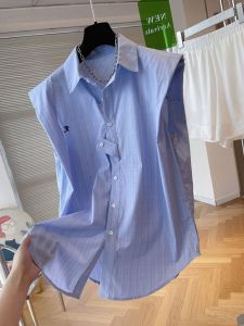 Blue Sleeveless Shoulder Shirt Womens Loose Top Summer Design Sense Empty Shelf~ Small Blue No Sleeve Shoulder Shirt for Women