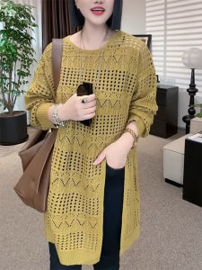 QINGNAER | Plus Size Slim Fit Midi Length Flare Hem Crochet Lace Sweater