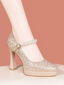 เรียบหรู Pearl Rhinestone Embellished รองเท้าส้นสูงผู้หญิงส้นหนากันน้ําแพลตฟอร์มหัวเข็มขัด สายคล้อง ทันสมัย รองเท้าปาร์ตี้
