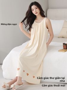MiiOW | Đồ ngủ vải lụa cotton mùa hè cho nữ Đầm ngủ cổ tròn không tay dài bằng vải lụa cotton thoáng khí Quần áo mặc nhà thường ngày