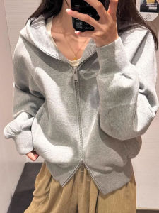Gray Hoodie Jacket Womens Slim Fit Double Zipper Short Length Korean Style Cotton Polyester Blend Autumn Winter New Arrival