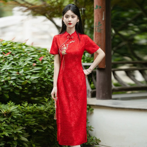 Q59 Red cheongsam new female summer youth temperament high-end toast dress bride lace dress
