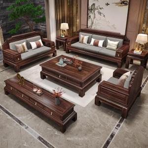 New Chinese Style Solid Wood Sofa Inlaid with Black Gold Wood for Living Room Villa Dual Season Use High End Furniture