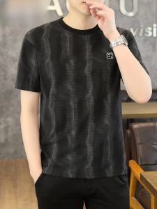 HENGYUANXIANG | Hengyuanxiang 2025 New Design Striped Short Sleeve Mens Summer Luxury T-shirt Round Neck Top Fashionable Urban Youth Casual Cotton Polyester Blend