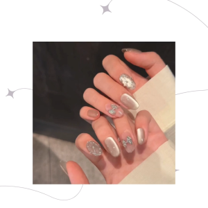 【Lilac Shine】Handmade Short Oval Purple Cat Eye Press-On Nails with Zirkon Gems | Elegant Gloss | Size S Only