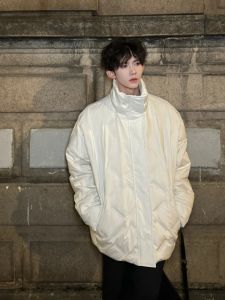 Cleanfit White Diamond Lattice down Jacket Mens Winter American High Street Vibe Cotton-Padded Coat Turtleneck Ruched Outwear