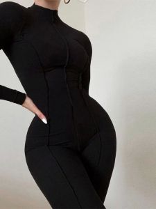 High Waist Hip Lifting Jumpsuit Street Style Solid Color Pleated Straight Leg Zipper Closure Polyester Fiber Casual Pants