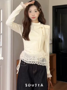 Elegant Lace Butterfly Knot Long Sleeve T-Shirt Womens Early Spring Knitted Top Double Layer Lace Hemline Sweet And Spicy Style