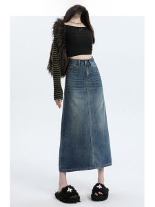 สูง เอว ทรงเอ ผ่าชาย เดนิม กระโปรง ผู้หญิง ความยาวปานกลางพันรอบ กระโปรง Forever 21 Vintage Blue กางเกงยีนส์ ฤดูใบไม้ผลิ ฤดูใบไม้ร่วง รูปแบบใหม่