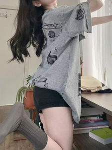 Gray Short Sleeve T-Shirt Womens Loose European Style Summer Mid-Length Butt Covering Small Size Trendy Top Moisture Wicking