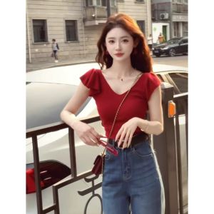 Sweet And Spicy French Knitted Ice Silk T-Shirt Short Sleeve Womens Summer Slim Fit V-Neck Top with Waist-Cinching Effect