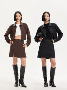 Vero Moda Womens Short Jacket PU Patchwork Collar Autumn Winter New Style Versatile All-Match Top Coat Mechanical Style Straight Tube