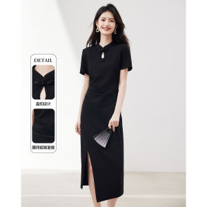 New Chinese Style Qipao Dress Womens Summer Slimming Elegant Luxury Mid-Waist Polyester Blend Short Sleeve Midi Dress