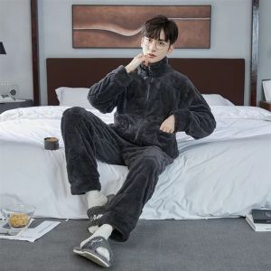 Bộ Đồ Ngủ Nam Lông Cừu Lụa Caro Dày Dài Tay Giữ Nhiệt Vải Nỉ Pha Lanh Thường Ngày Mùa Thu Đông Đồ Ngủ Thoải Mái