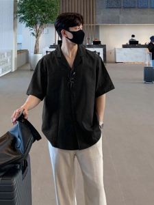 Mens Short Sleeve Shirt Ice Silk Cuban Collar Lightweight Summer Thin Drapey Versatile Top Youth Fashion Casual Pure Color