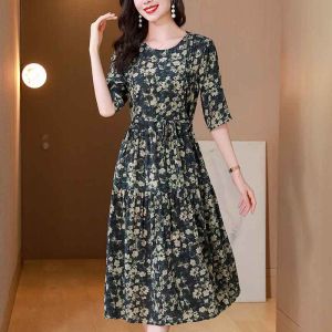 ชุดเดรสไหมฮั่นเต๋อซี แขนยาว ทรงหลวม ผ้าไหมลายดอกไม้ ฤดูร้อน 2024 ชุดเดรสไหมคอตั้งเอว แขนยาว กระโปรงทรงเอ