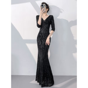 Elegant Premium Black Evening Dress Fish Tail Sequin
