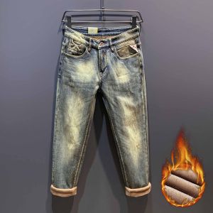 Winter Fleece-lined Thick Jeans Mens Stretch Retro Distressed Trendy Embroidered Slim Fit Straight Casual Mens Long Trousers