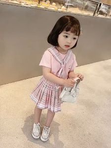 Wander เสื้อผ้าเด็กผญ กระโปรงแฟชั่น ญ เด็กผู้หญิง JK ชุดสูทเด็กฤดูร้อนสไตล์มหาวิทยาลัยกระโปรงจีบแขนสั้น + กระโปรงชุดสองชิ้น 2359