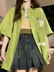 Loose Womens Short Sleeve Shirt Green Summer New Design American Retro Hong Kong Style Outerwear Casual Polo Collar Regular Fit