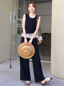 Shalldoer | Korean Fashion Set Womens Sleeveless Top Slim Wide Leg Pants Two-Piece Suit Elegant Style Summer New Arrival Polyester Material
