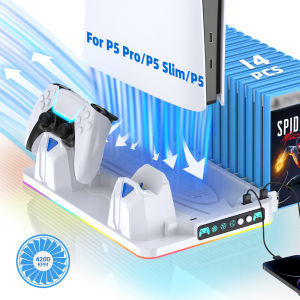 PS5/PS5 Slim/PS5 Pro Cooling Stand Dual Controller Fast Charging Dock RGB Lighting Game Disc Storage Rack