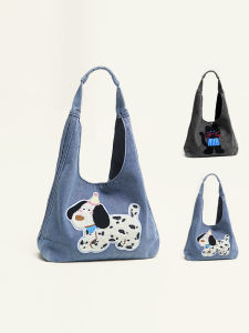 Spring Summer New Denim Single Shoulder Bag Cute Dog Patch Casual Large Capacity Tote Bag Embroidery Fashion Magnetic Buckle