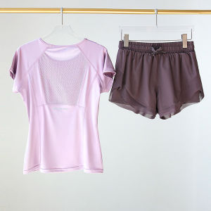 Womens Sportswear Set Quick Dry Running Top Yoga Fitness Shorts Summer Sports Outfit Two-Piece round Neck Short Sleeve