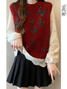 Early Autumn Womens Knitted Vest Shirt Two-Piece Set Long Sleeve round Neck Pure E-Commerce Fashion Set Red Dan Ya Brand