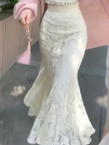 White Lace Design Half Skirt Ladylike A-Line Long Skirt Fish Tail Skirt High Waist Commute Korean Style Summer New Arrival
