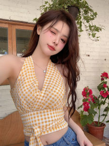 GUZILIAN | Sweet Style Plaid Short Vest Womens Outerwear V-neck Neck Hanging French Summer Waist-cinching Top Gentle Summer Shirt