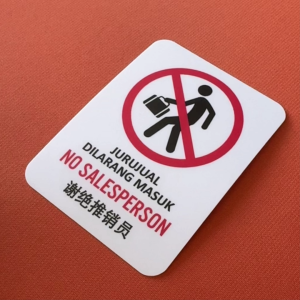 No Salesperson. Jurujual Dilarang Masuk. Sticker Sign Signage Notice Label. No Entry Salesman Do Not Enter.