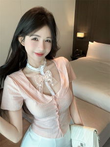 GUZILIAN | Summer Pure Desire Doll Collar Lace Butterfly Knot Short Sleeve Womens T-Shirt Slim Fit Beautiful Top Korean Style Commute