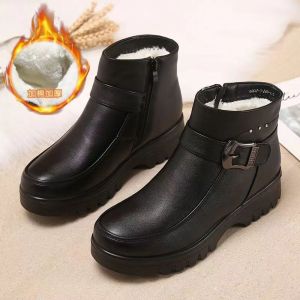 2024 Fashion Winter Women Pu Leather Ankle Boots Female Thick Plush Warm Snow Boots Mother Waterproof Non-slip Booties