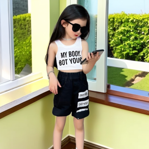 Girl Ice Silk Short-Style Vest Summer Thin Kids Letters Sleeveless Versatile K-style Inner Wear Outer Wear Midriff-Baring Top