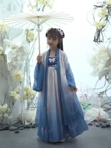 Hanfu Girl 2024 New Spring and Autumn Super Fairy Big Childrens Ancient Tang Suit High-End Ancient Costume Childrens Han Chinese Costume Spring Long Sleeve