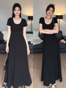 Hebe Style Little Black Dress Color Block U Neck Short Sleeve T Shirt Dress Women Summer Design Waist Cinching Beautiful Long Dress