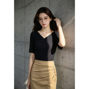 PIAOYA | Summer Short Sleeve Waist-cinching Ruffled Office T-shirt