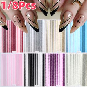 1/8Pcs 3D Glitter French Lines Nail Stickers 8-Colors Stripe/Straight Line Self-Adhesive Nail Decals DIY French Manicure Decorat