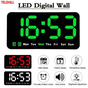 Multifunctional LED Digital Wall Mounted Alarm Clock Date Week Temperature Clock Dual Alarms Voice Control Brightness Bedroom Desktop Adjustable Electronic Clocks