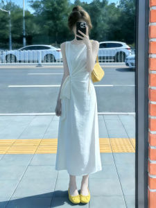 NIUVIES | Sleeveless Waist-cinching French-style White Dress