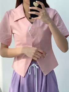 Women plain casual Slim Blouse Korean Waist Short sleeve shirt Top