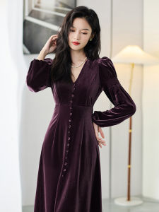 Elegant Velvet Dress Slimming Long A-Line Gown with Bubble Sleeves V-Neck Zipper Closure for Women Stylish Autumn Fashion