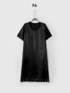 ME 100% Acetate Black Lace Casual Dress High Waist A-Line Skirt Short Sleeve round Neck Summer Fashion Ladies Dress