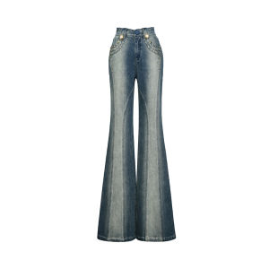 Lefame Vintage Court Pearl Button Slim Micro Flared Jeans Cotton Stretch Denim Straight Leg Pants Womens Premium Fashion