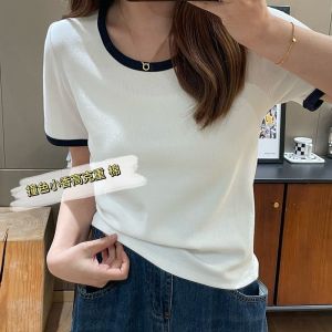 Elegant U Collar Shoulder Contrast Color Loose Slim Looking Short Sleeve Summer 2024 New Arrival Plus Size T-Shirt Womens Base Tops Inner Wear