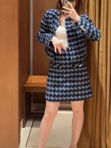 IULV2025 Early Spring New Style French Small Fragrance Deep Blue Plaid Tweed Coat A-Line High Waist Mini Skirt Womens Fashion