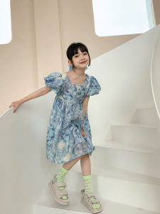 Princess Style Summer Dress for Girls Lightweight Casual Fashionable Childrens Clothing Polyester Fiber Short Sleeve Skirt